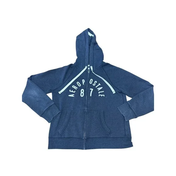 Aeropostale 87 Navy Blue Full  Zip Hoodie Drawstring Hood Front Pockets Medium - Picture 9 of 10